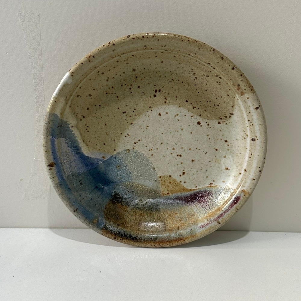 Studio Pottery Speckled Stoneware Bowl Abstract Blue Glaze Handcrafted Art 7"
